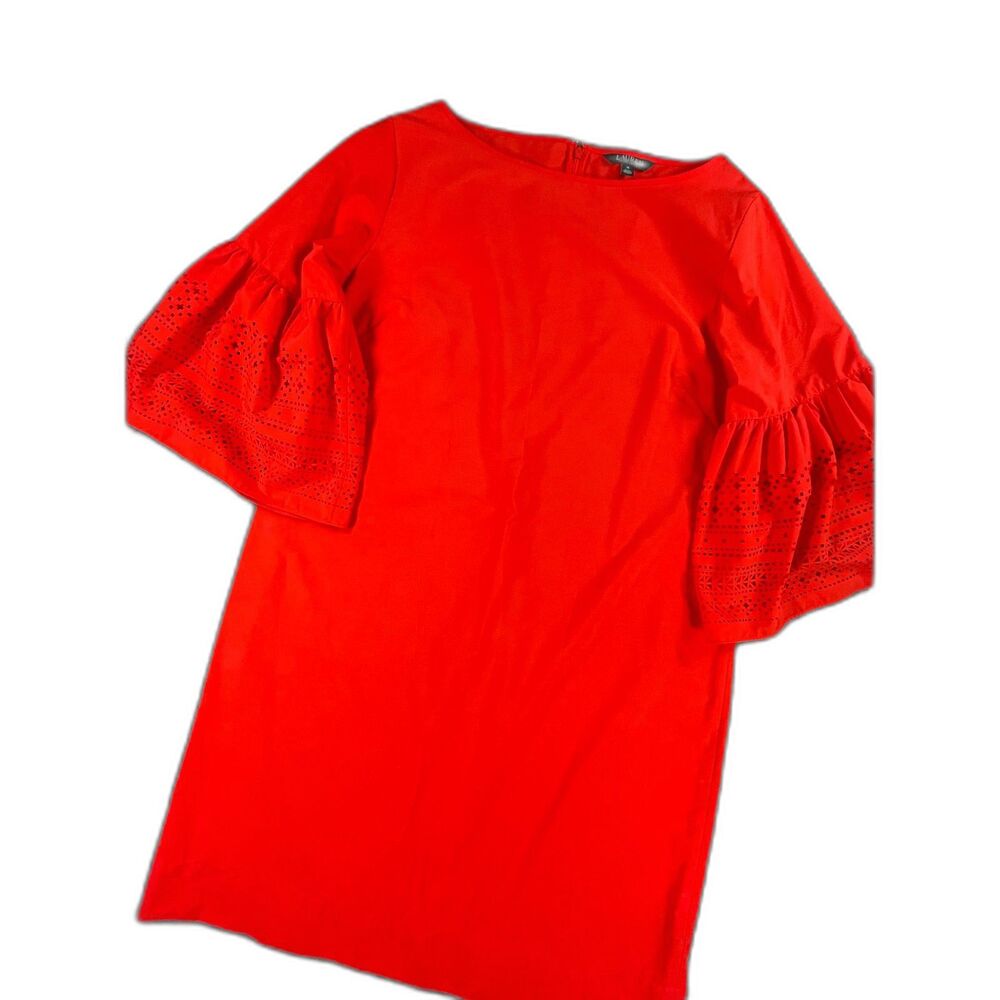 Lauren Ralph Lauren Kadijah Laser Cut Bell Sleeve Shift Dress 16 Red Poplin‎ LRL